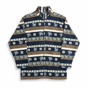 Vintage Essentials Unisex Blue and Brown Patterned Zip-Up Fleece Sweater